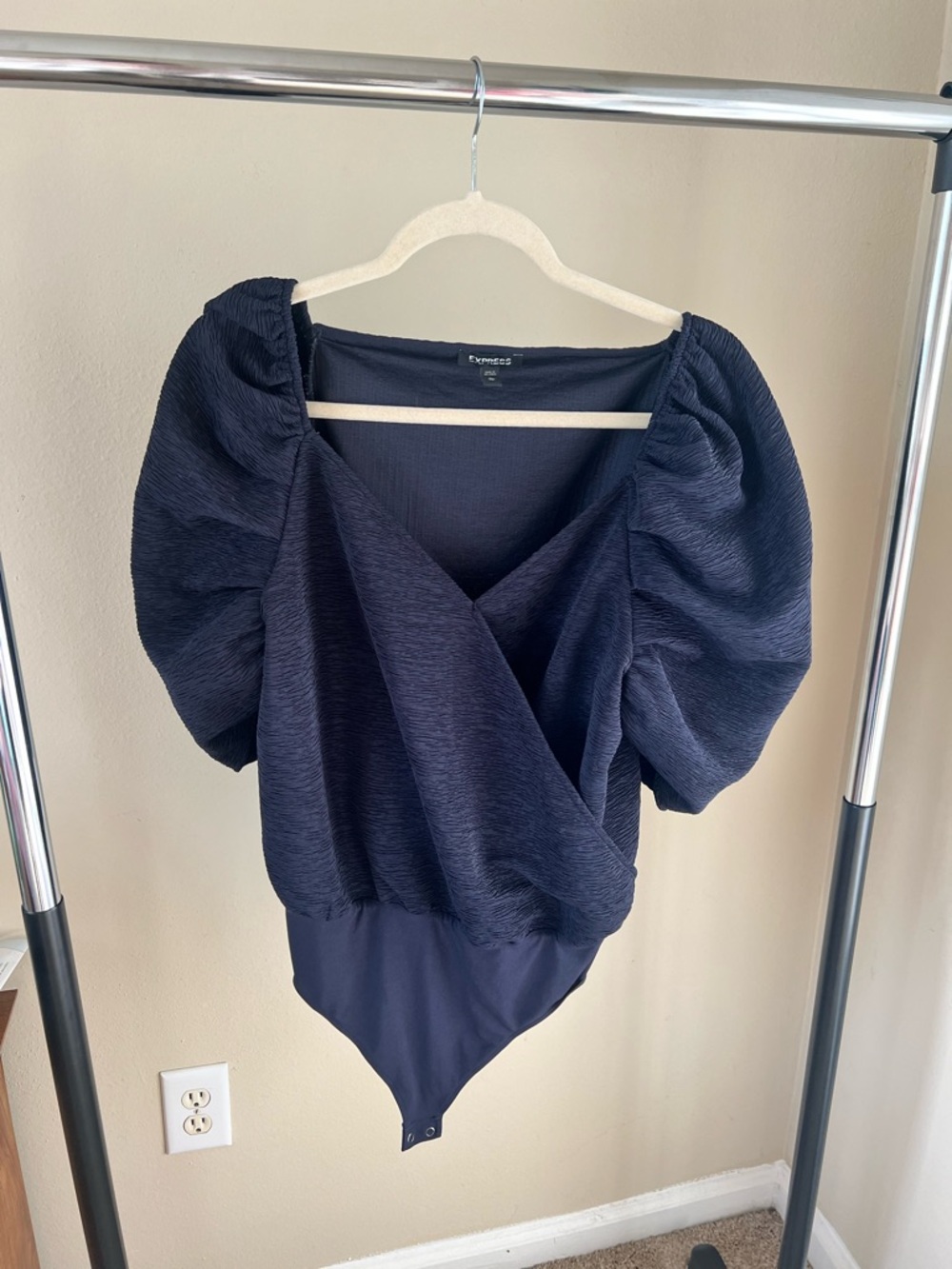Express Navy Puff-Sleeve Surplice Bodysuit